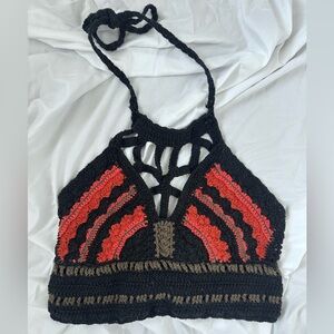 Black and Orange Crochet Halter Top
